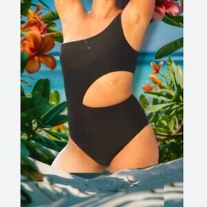 Aerie Black Cheeky One Piece Swimsuit Large One Shoulder Cut Out Padded